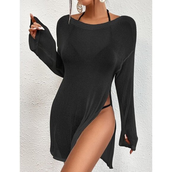 Crochet Beach Cover Up Swimsuit Cover  Up Sheer Top Side Split for Women - Picture 4 of 6